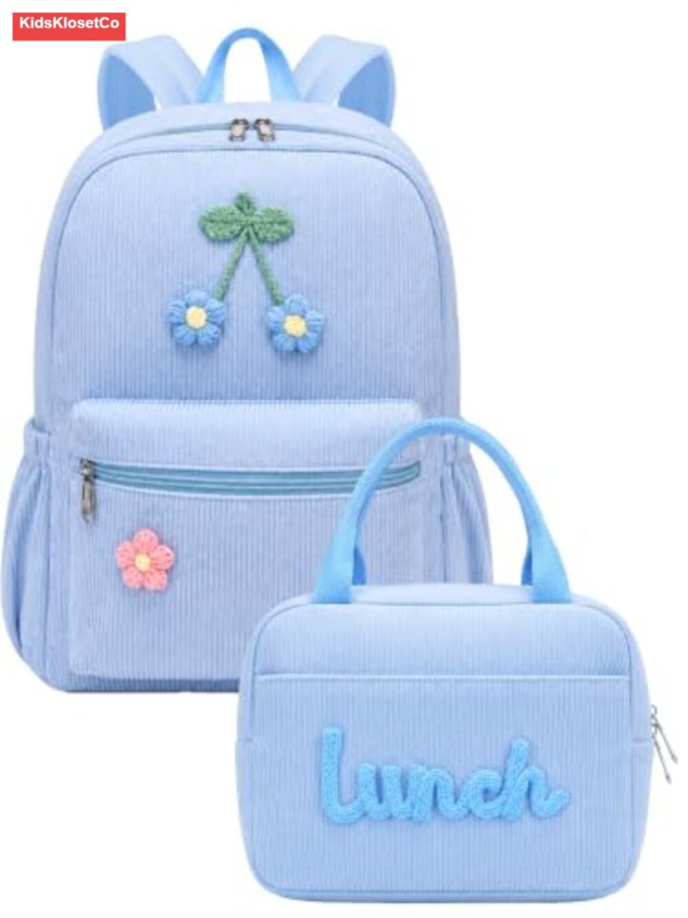 Corduroy Backpack with Lunch Bag Set, Floral Crochet Design